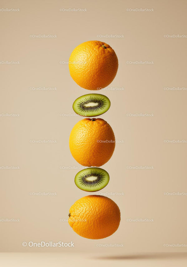 Stacked fresh oranges and kiwi slices on beige background