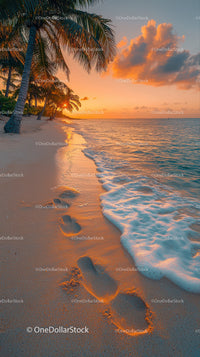 Sunset Beach with Palm Trees and Footprints on Sandy Shore