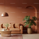 Warm Terracotta Living Room with Monstera and Modern Decor