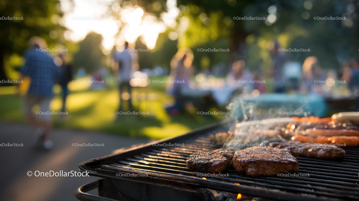 Barbecue Grill with Sizzling Meats Cooking in Sunlit Park