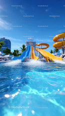 Vibrant Water Park Slides with Bright Colors and Splashing Water