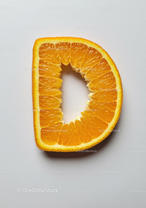 Fresh orange slice shaped like letter D on white background