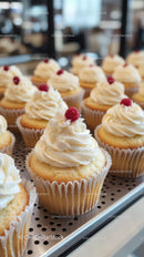 Vanilla Cupcakes with Raspberries Displayed at Bakery