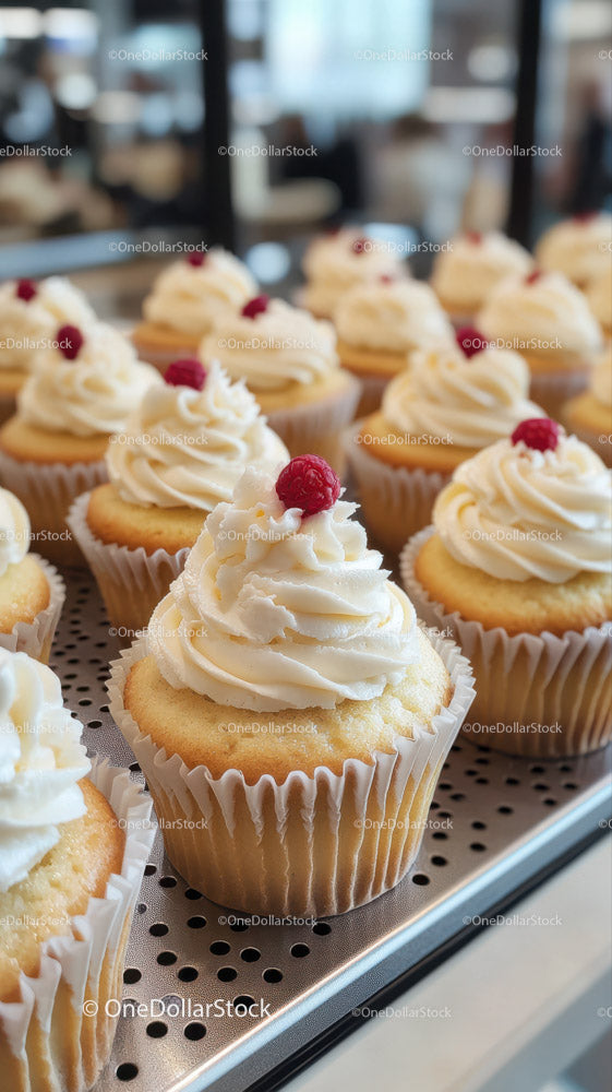 Vanilla Cupcakes with Raspberries Displayed at Bakery