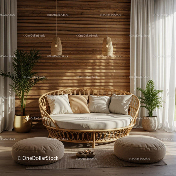 Cozy rattan sofa with cushions in bright living room