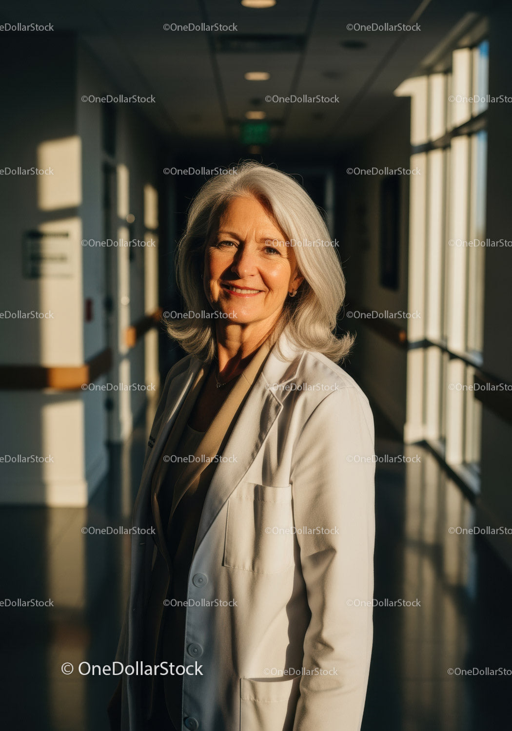 Starsza pracownica służby zdrowia stojąca na korytarzu szpitalnym