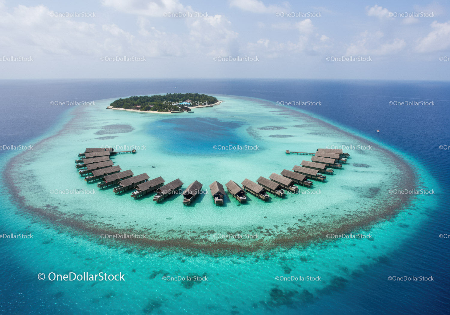 Stunning Overwater Bungalows and Crystal Clear Turquoise Water of a Tropical Island