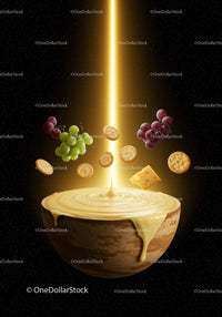 Wooden bowl with creamy cheese dip and floating snacks