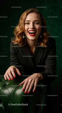 Confident Smiling Woman in Stylish Attire Sitting on Leather Sofa