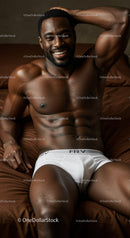 Smiling muscular man relaxing on bed in white underwear