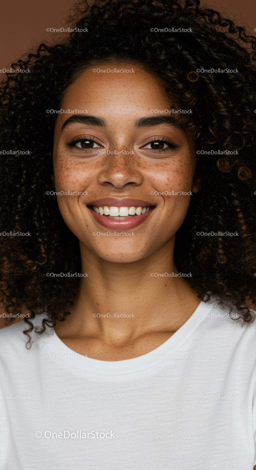 Close-up of a Cheerful Woman with Curly Hair and Freckles