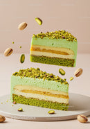 Slices of pistachio mousse cake with nuts topping