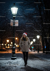 Young woman walking in snowy park on winter night