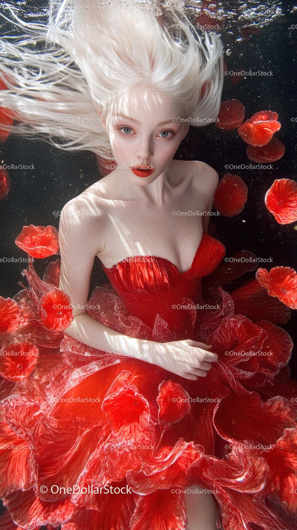 Pale Woman in Flowing Red Dress Underwater