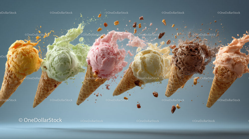 Colorful Ice Cream Cones with Multiple Flavors and Toppings
