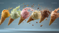 Colorful Ice Cream Cones with Multiple Flavors and Toppings