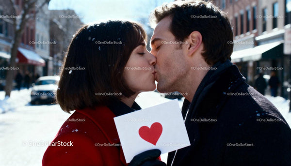 Couple Sharing a Tender Kiss with Heart Card Outdoors