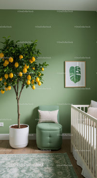 Indoor Lemon Tree and Green Leaf Wall Art in Modern Nursery