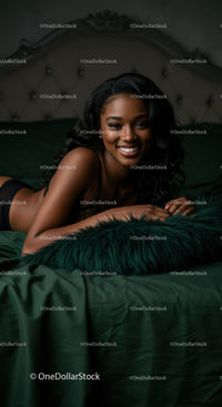Beautiful smiling woman relaxing on dark green bed