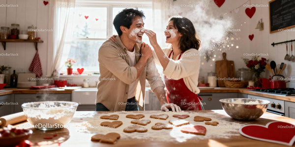 Couple Playfully Baking Heart Cookies on Valentines Day
