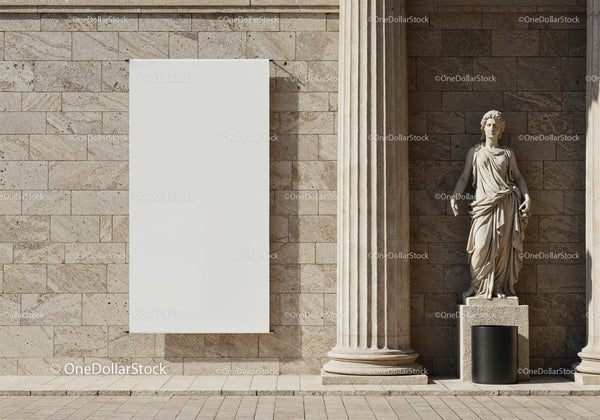 Classical statue beside blank white canvas on stone wall JPG Mockup Image