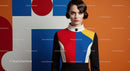 Young woman in colorful geometric fashion dress
