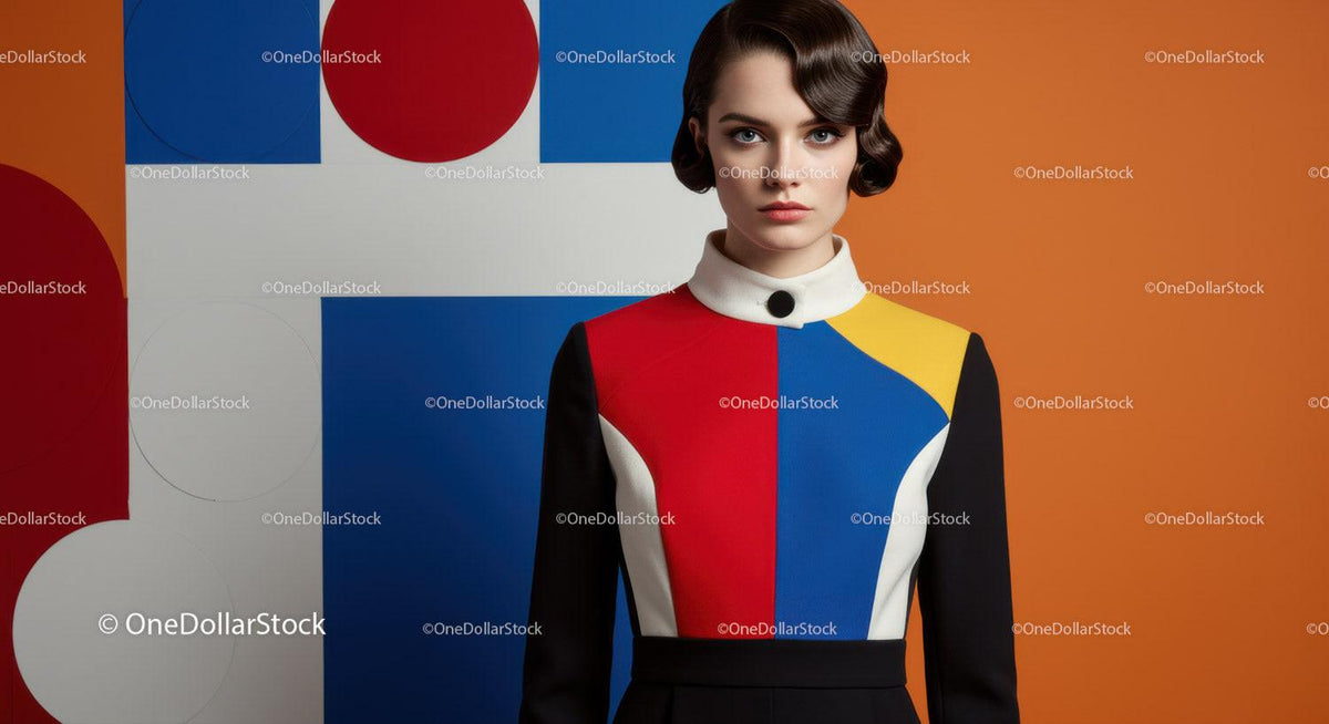 Young woman in colorful geometric fashion dress
