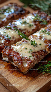 Juicy Grilled Ribs with Creamy Herb Sauce on Wooden Board