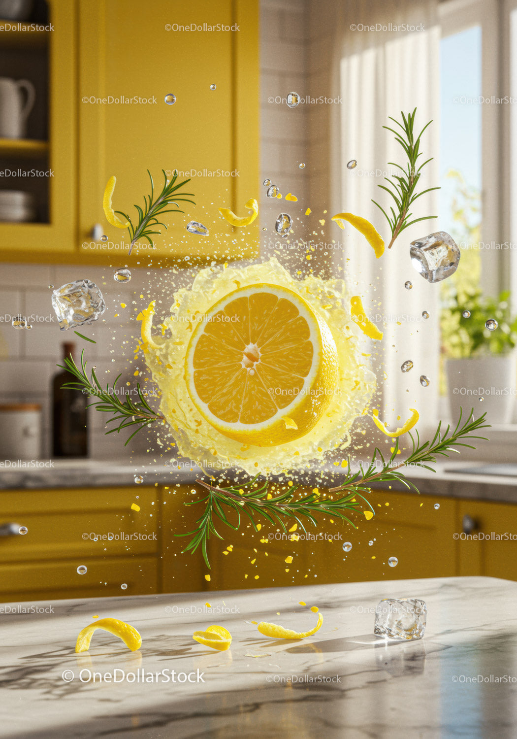 Fresh lemon slice splashing with ice and rosemary