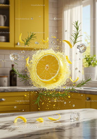 Fresh lemon slice splashing with ice and rosemary