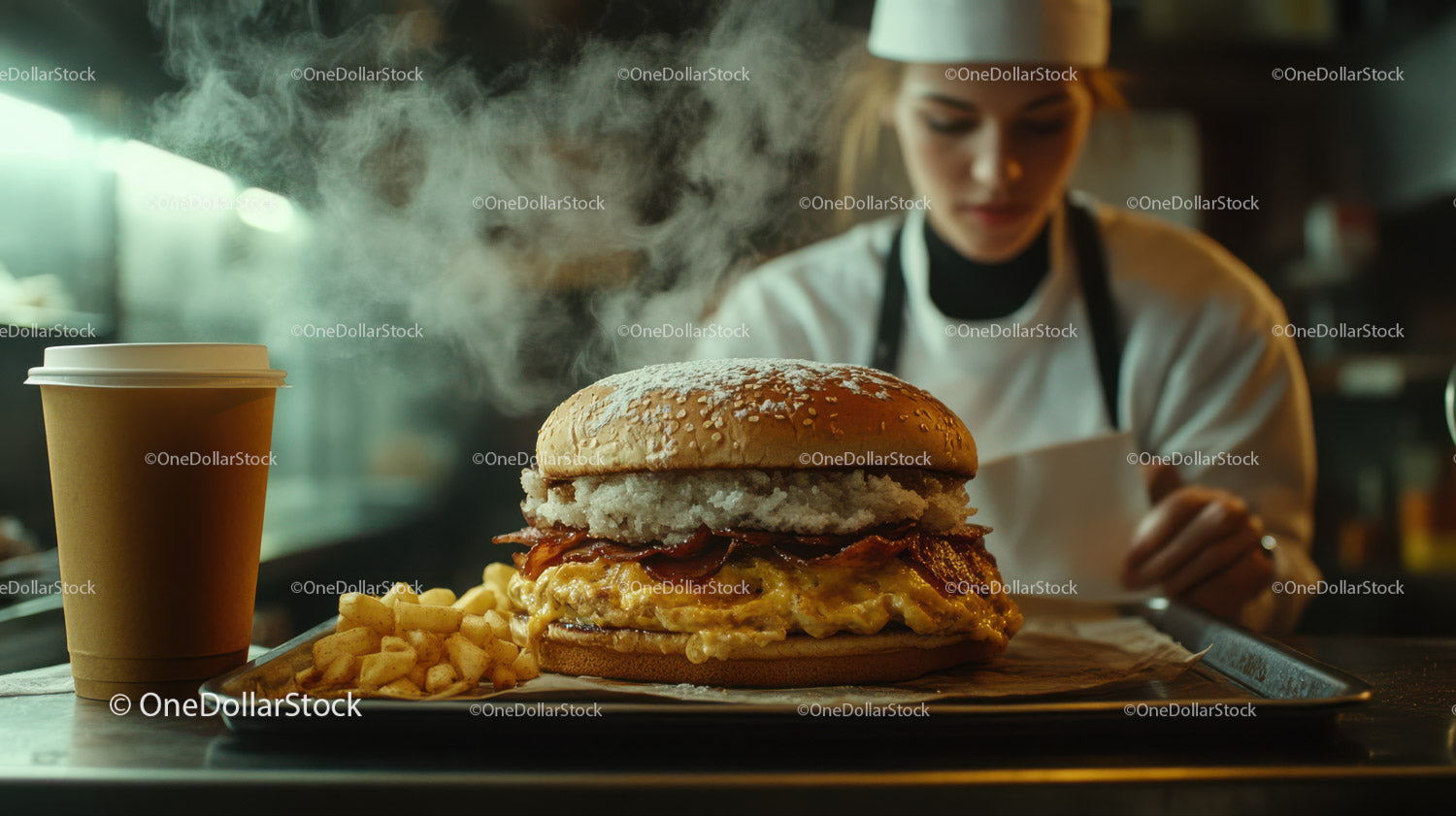 Wykwintny burger z jajkiem i chrupiącymi frytkami dla miłośników fast foodów
