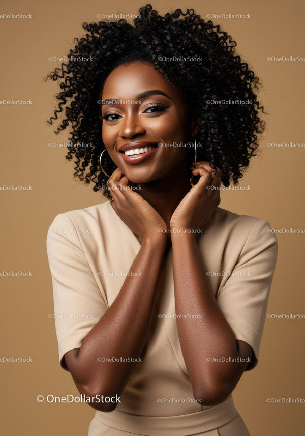 Elegancka Afroamerykanka z Kręconymi Włosami Uśmiechnięty Portret