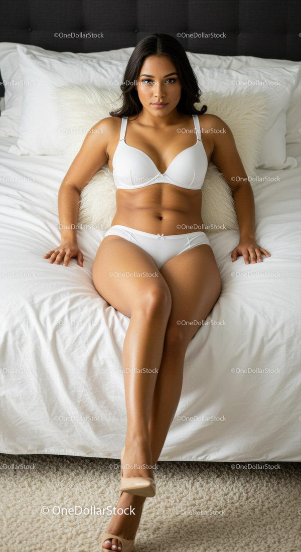 Confident woman in white lingerie sitting on bed