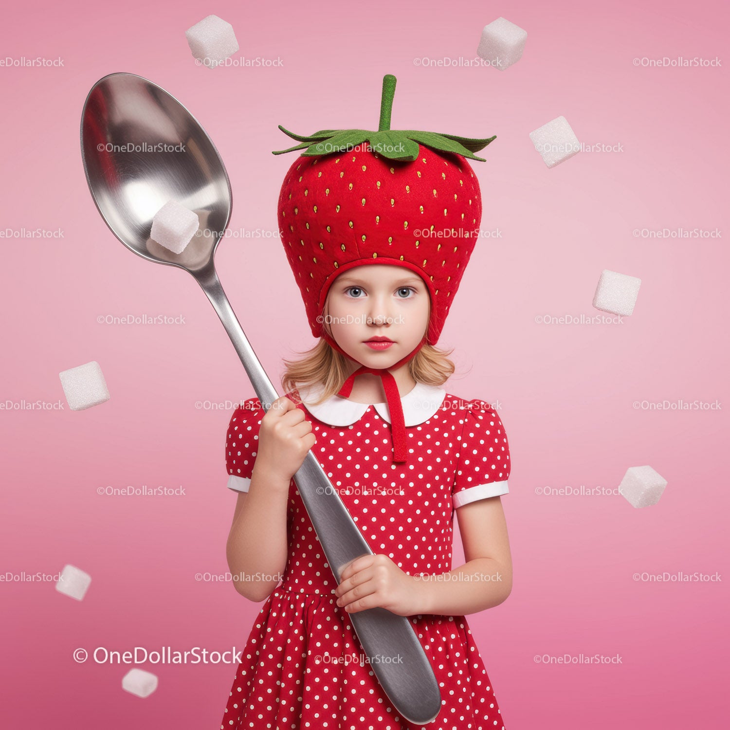 Little girl in strawberry hat holding giant spoon
