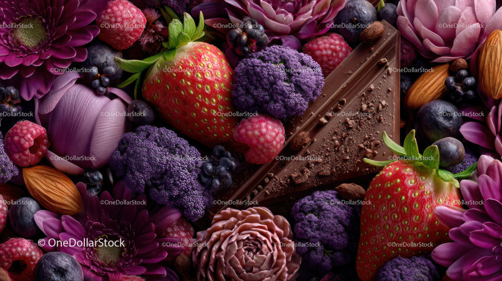 Colorful Fruit and Chocolate Arrangement with Floral Accents