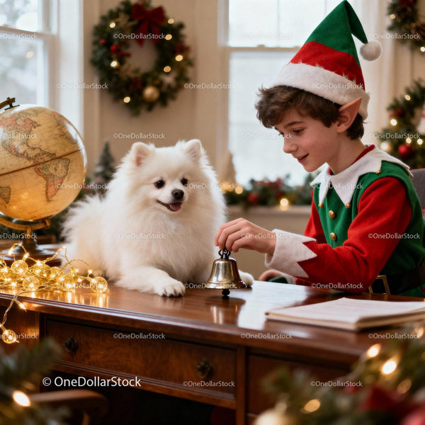 Boy in Elf Costume Playing Bell with White Dog Indoors