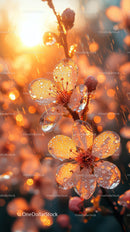 Sunlit Blossoms with Dew Drops Macro in Warm Orange Glow