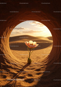 Delicate flower blooming inside desert cave at sunset