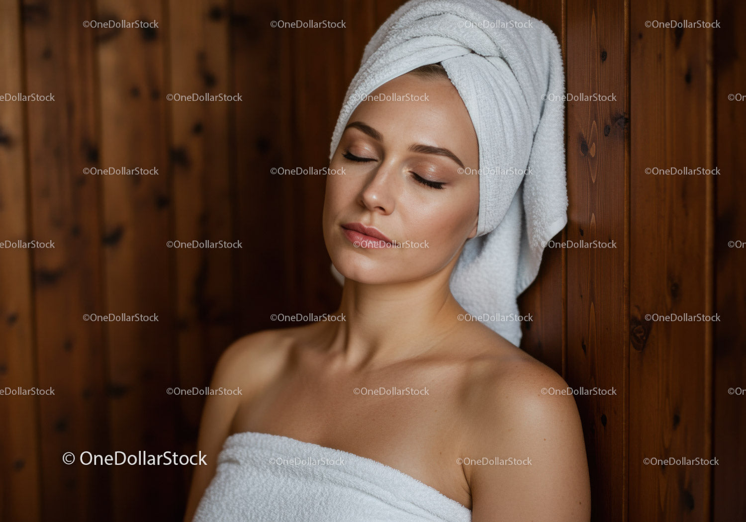 Relaksująca się kobieta z ręcznikiem w pokoju spa z drewnianą ścianą