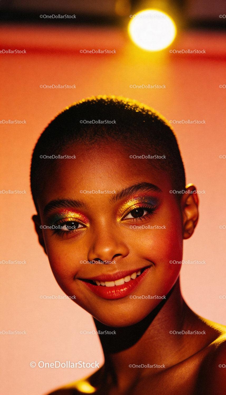 Young woman with colorful glitter makeup and bright smile