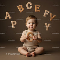 Toddler holding letter E surrounded by alphabet letters