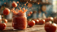 Vibrant Tomato Sauce Splash with Fresh Tomatoes in Background