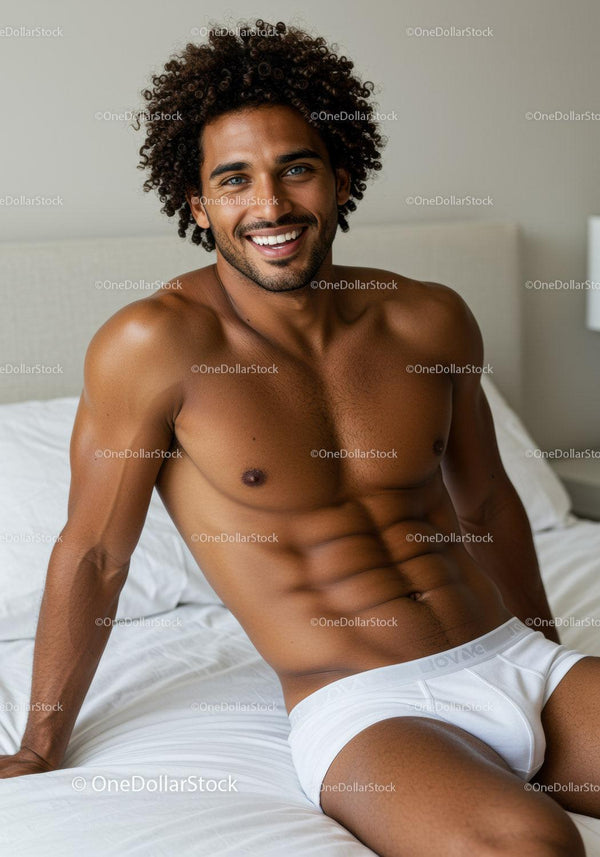 Smiling man relaxing on bed in white underwear
