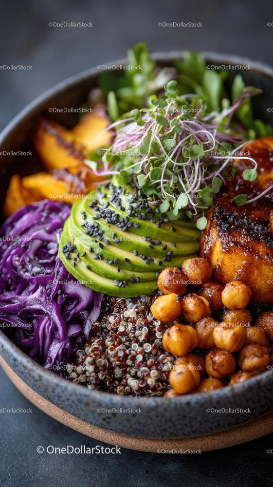 Colorful Vegan Bowl with Avocado Microgreens and Roast Chickpeas