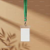 Blank ID badge with green lanyard on beige background