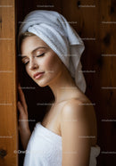 Young Woman Relaxing with Towel Wrap in Spa Setting with Wooden Background