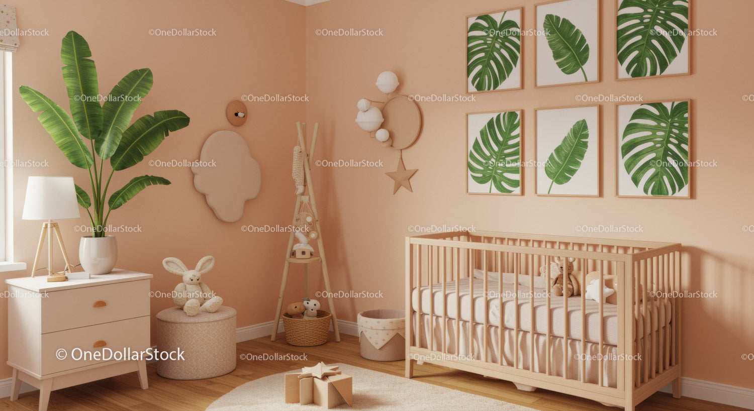 Nowoczesny pokój dziecięcy z drewnianym łóżeczkiem i botaniczną grafiką ścienną