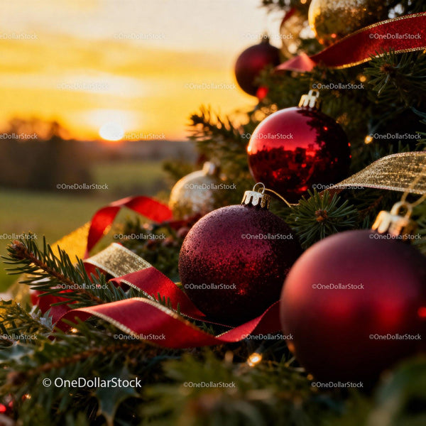 Christmas tree ornaments glistening in warm sunset light