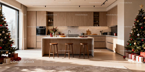 Modern Kitchen with Festive Christmas Decorations