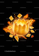 Cheese snack with flying crumbs and bold orange glow